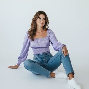 AFRM Lilac Satin Milkmaid Off Shoulder Long Puff Sleeve Smocked Crop Top XS